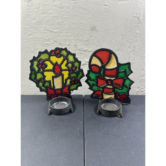 2 Vtg Stained Glass Cast Iron Candle Holder Christmas Wreath Tealight Candy Cane - Picture 1 of 7